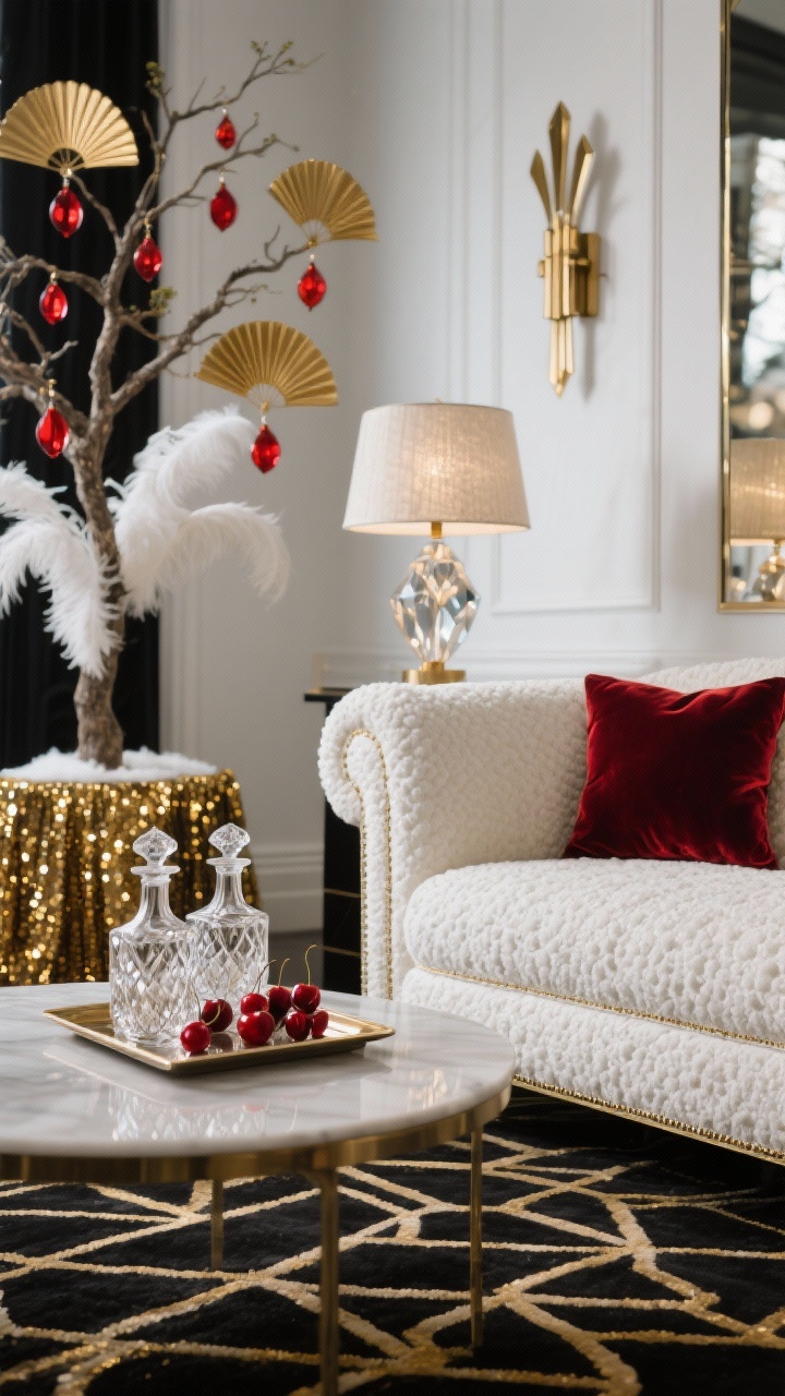 Detail shot, Art Deco glam coffee table vignette: curved white boucle sofa edge and black-and-gold geometric rug in background bokeh; foreground tray on a cocktail table with cut-crystal decanters and red cherries; faceted glass lamp nearby casting moody sparkle; glimpses of a tree with fan-shaped gold ornaments, red glass droplets, and white feathers; gold sequin tree skirt twinkling; art deco sconces on wall; winter white, oxblood red, champagne gold; boucle, velvet, glass, mirror; low, cinematic lighting.