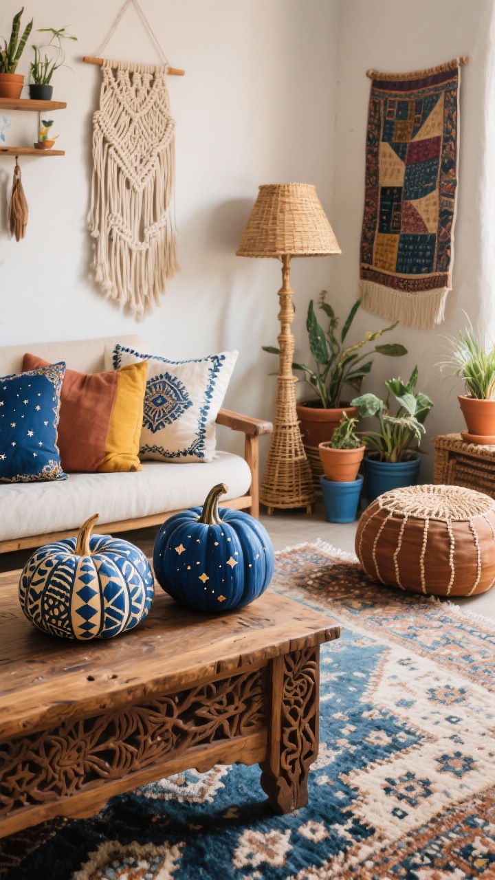 Detail shot from a boho artist’s den: carved wood coffee table corner on a Moroccan-style rug, low-profile sofa edge piled with embroidered pillows in indigo, clay, saffron, and off-white. Foreground features hand-painted indigo pumpkins with block-print and tiny constellation patterns on a shelf ledge. Surrounding textures include macramé wall hanging, draped kantha quilt, rattan floor lamp stem, pouf edge, woven wall basket, and clustered plants in terracotta and cobalt pots. Warm, diffused daylight for creative flow.