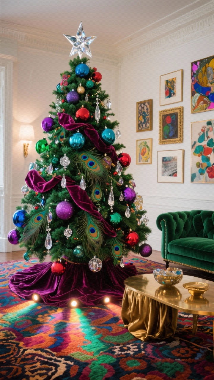 Dramatic medium shot: Jewel-toned maximalist flocked tree loaded with emerald, sapphire, ruby, and amethyst ornaments, lush velvet ribbons, oversized glass baubles, peacock feathers, and crystal drops; warm white base lighting plus a few jewel-tone spotlights aimed from the floor; faceted crystal star topper; room features a bold patterned rug, emerald velvet sofa, brass coffee table, silk tree skirt, and a gallery wall of eclectic art; opulent, high-contrast, photorealistic.