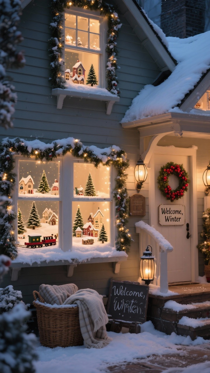 Evening medium-wide of a storybook cottage with window scenes: each window showcasing miniature holiday vignettes—tiny trees, toy trains, snow villages illuminated with soft LEDs—window frames wrapped in lush garland with a dusting of faux snow, porch styled with curved-top lanterns, a wicker basket of blankets, a handwritten “Welcome, Winter” sign, and a classic wreath with red berries; cozy, nostalgic charm.
