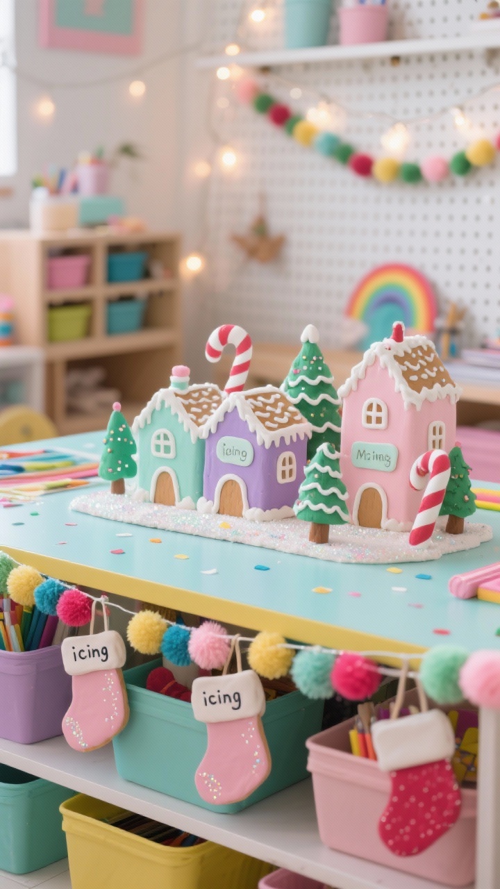 Eye-level tabletop detail in a kids’ craft room: bright wipe-clean craft table with rainbow bins blurred in background, pegboard wall hints; pastel clay Christmas cookie village—houses, trees, candy canes—in mint, lavender, and baby pink, decorated with white “icing” paint pen details and a dusting of biodegradable glitter; clay name tags labeled for stockings and gift bins; pom-pom garlands and confetti lights twinkling; cheerful, even lighting.