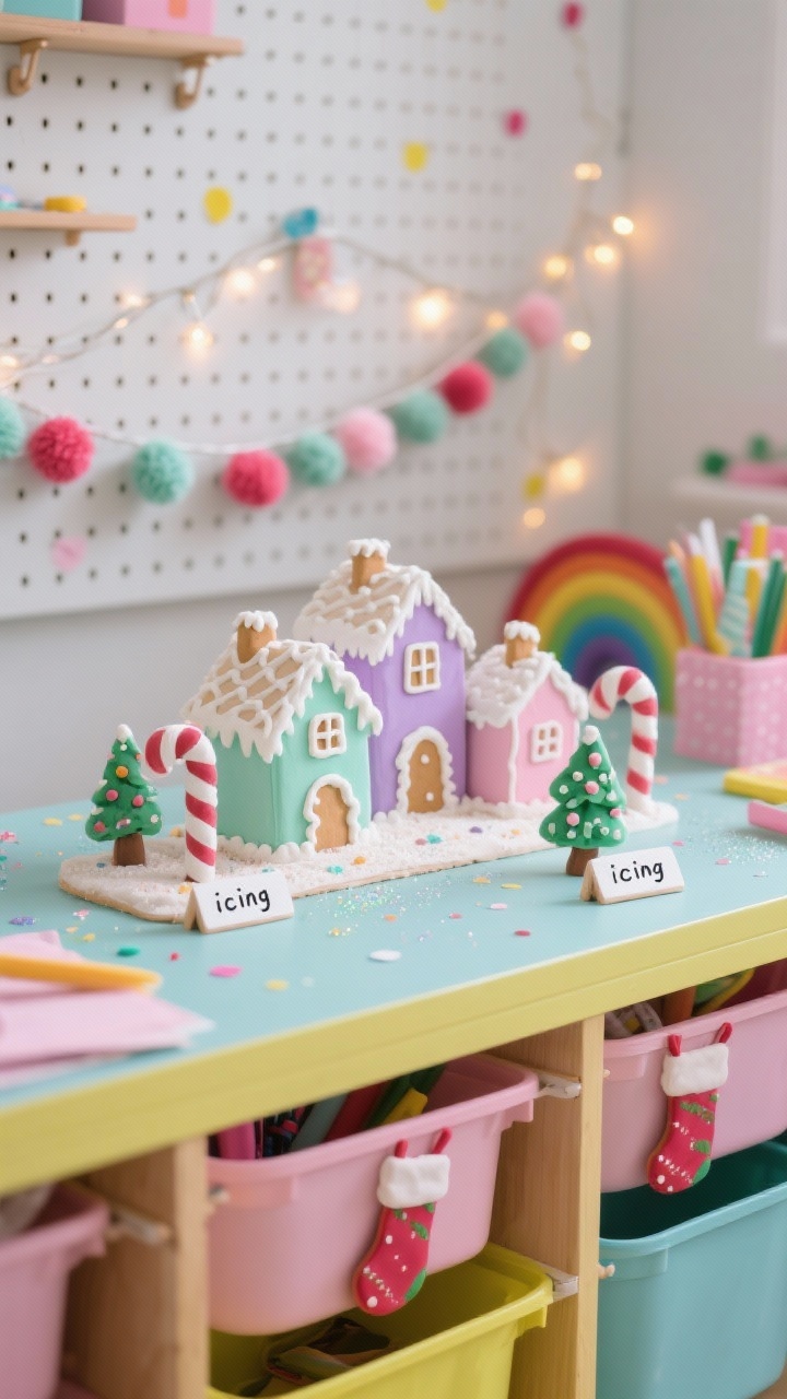 Eye-level tabletop detail in a kids’ craft room: bright wipe-clean craft table with rainbow bins blurred in background, pegboard wall hints; pastel clay Christmas cookie village—houses, trees, candy canes—in mint, lavender, and baby pink, decorated with white “icing” paint pen details and a dusting of biodegradable glitter; clay name tags labeled for stockings and gift bins; pom-pom garlands and confetti lights twinkling; cheerful, even lighting.