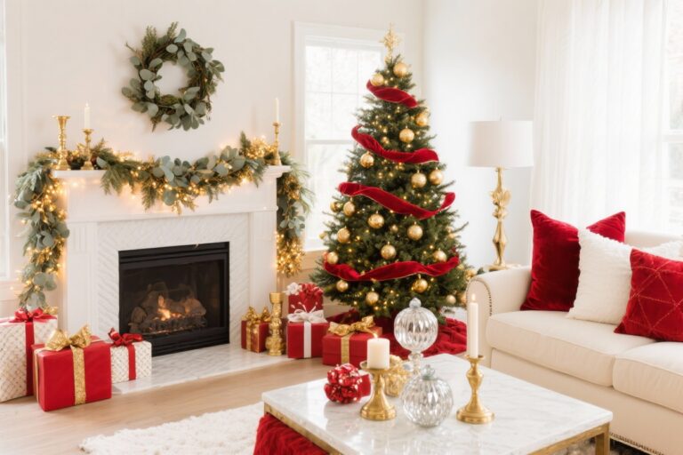 11 Stunning Red, White & Gold Christmas Living Room Decor Ideas You’ll Love