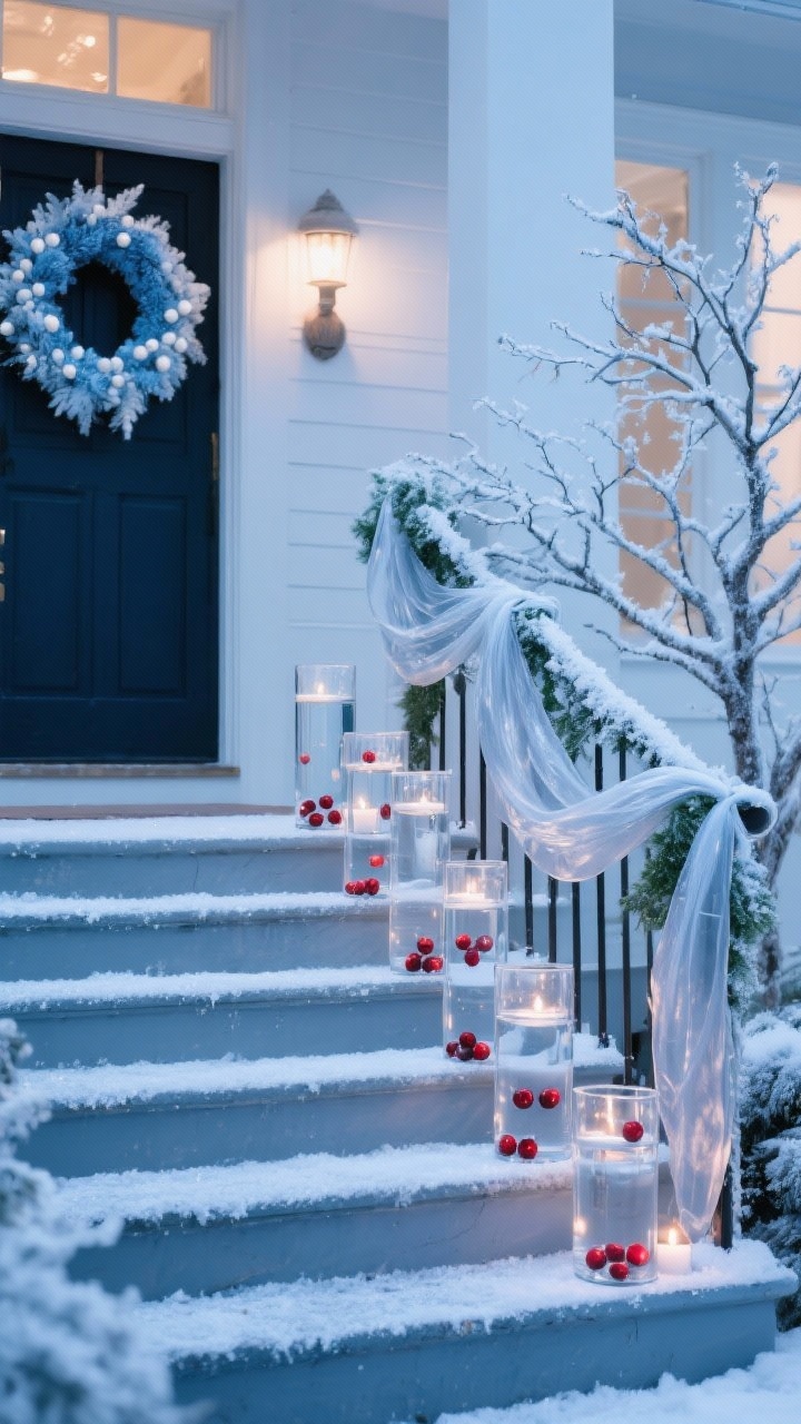 Front steps medium shot with icy cool mood: branches and a wreath sprayed ice-blue and pearl white, lightly dusted with Epsom salt frost; clear glass vases lining the steps, filled with water and floating cranberries and tea lights (battery implied); sheer silver ribbon woven through sparse railing greens; palette ice blue, white, silver, cranberry red accents; cool-toned twilight lighting with crisp highlights; straight-on with shallow depth of field.
