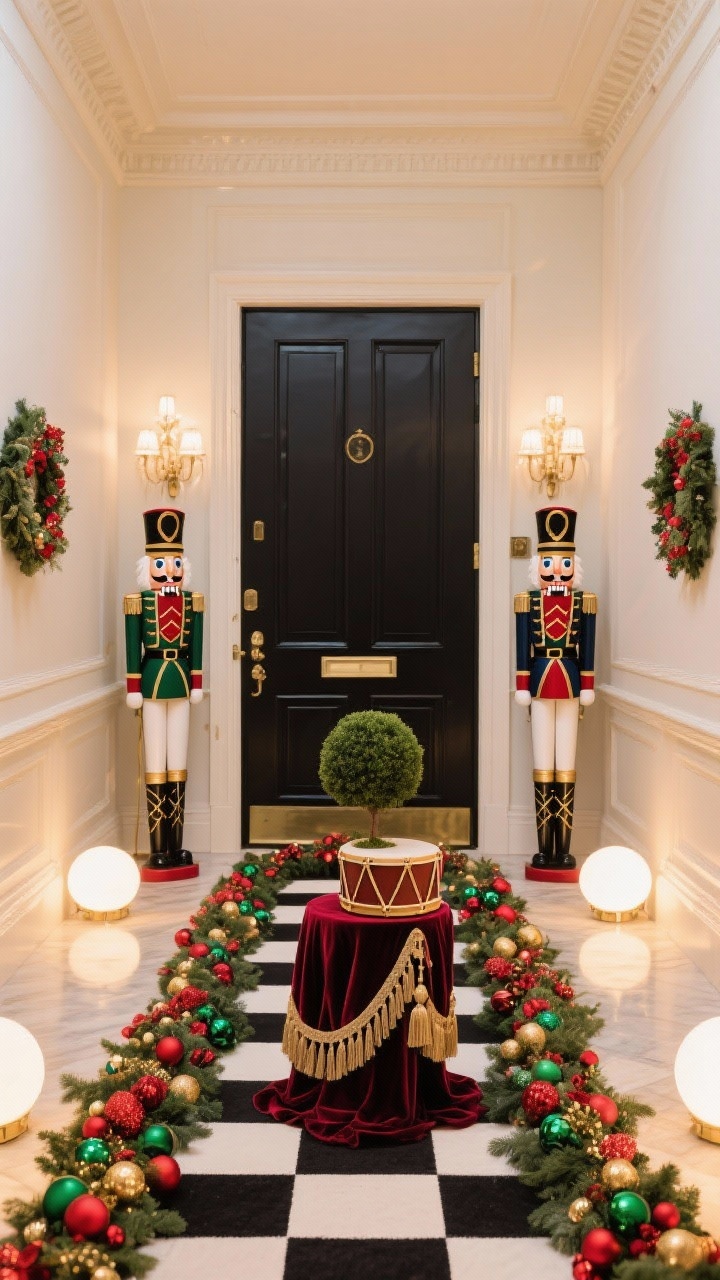 Grand, symmetrical entryway shot with Nutcracker drama: a pair of tall nutcracker soldiers flanking the door, black-and-white checkered runner mat, lush garland featuring red, emerald, and gold ornaments, a small drum table used as a pedestal for a topiary, velvet ribbon and tassels threaded throughout, matching sconce wreaths, and glowing pathway orbs for a regal, theatrical arrival.