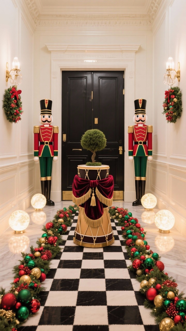 Grand, symmetrical entryway shot with Nutcracker drama: a pair of tall nutcracker soldiers flanking the door, black-and-white checkered runner mat, lush garland featuring red, emerald, and gold ornaments, a small drum table used as a pedestal for a topiary, velvet ribbon and tassels threaded throughout, matching sconce wreaths, and glowing pathway orbs for a regal, theatrical arrival.