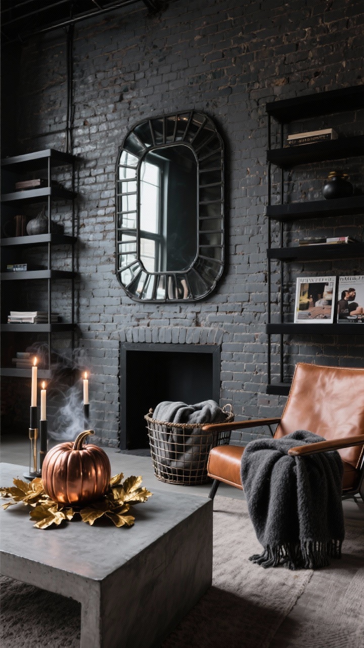Industrial loft mantle, Metal-Leaf: straight-on medium shot of an exposed brick wall with black metal shelving and an iron-framed mirror above; concrete coffee table partially visible; pumpkins upgraded with copper and gold leaf catching flickers from smoky taper candles; cognac leather chair draped with a charcoal wool throw; wire baskets holding extra throws and magazines; palette of charcoal, concrete gray, copper, gold with matte black accents; moody, reflective lighting, no people.