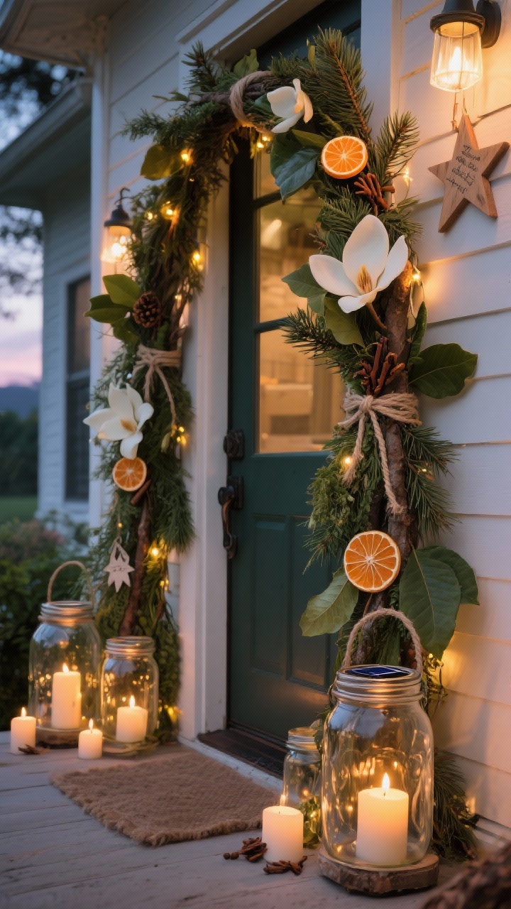 Intimate detail shot at dusk of sustainable greenery and candlelight: a full doorway arch crafted from foraged pine, cedar, and magnolia leaves tied with natural twine, dried orange slices and cloves tucked in for scent, solar-powered warm fairy lights in mason jars used as porch lanterns, and wooden stars with recycled-paper ornaments; eco-chic, minimal-waste warmth.