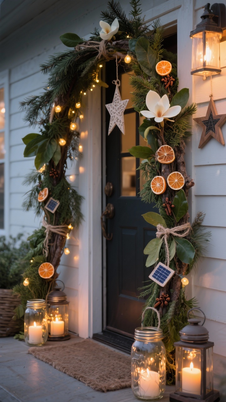 Intimate detail shot at dusk of sustainable greenery and candlelight: a full doorway arch crafted from foraged pine, cedar, and magnolia leaves tied with natural twine, dried orange slices and cloves tucked in for scent, solar-powered warm fairy lights in mason jars used as porch lanterns, and wooden stars with recycled-paper ornaments; eco-chic, minimal-waste warmth.