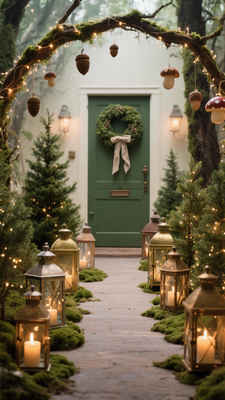 Low-angle medium path scene with woodland enchantment: clusters of different-sized lanterns along the walkway, each with battery candles and a sprinkle of faux moss; mini evergreen trees tucked between lanterns with twinkling micro-lights; an overhead branch arch wrapped in delicate lights and hung with a few acorn and mushroom ornaments; door in the background with a mossy wreath and linen ribbon; deep green, warm ivory, soft brown, antique brass palette; soft, fairy-tale glow, photorealistic.