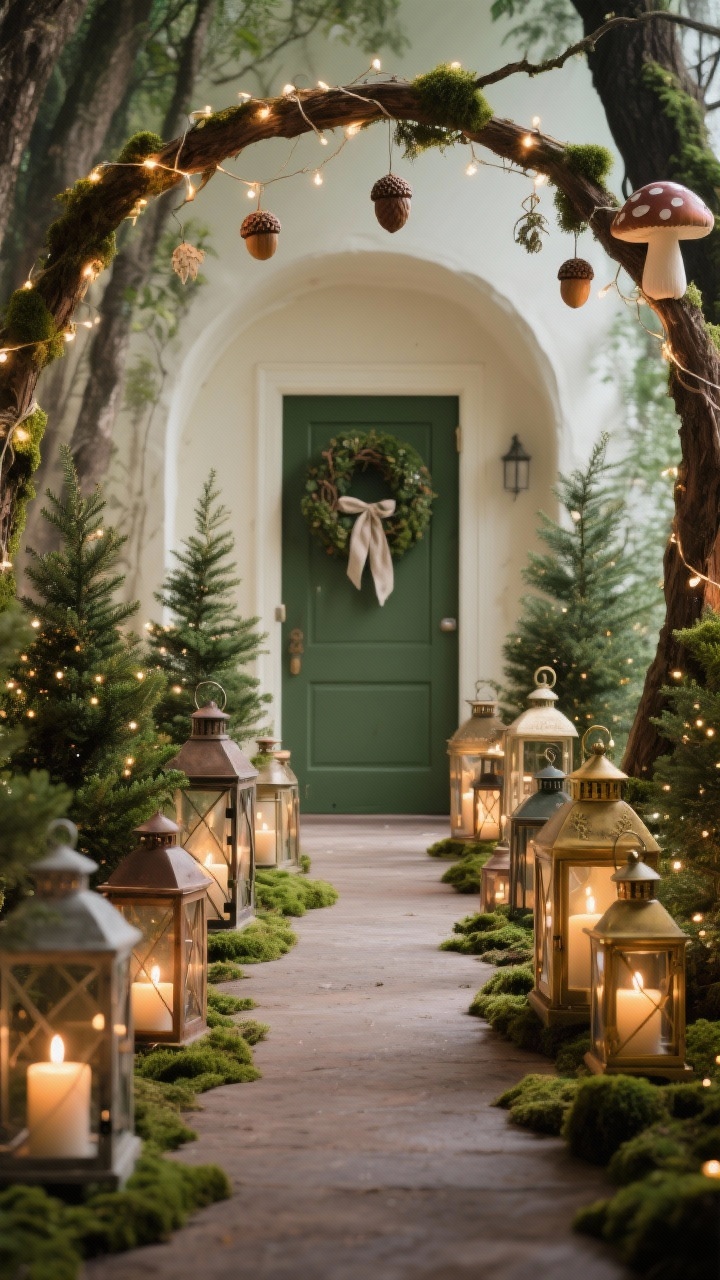 Low-angle medium path scene with woodland enchantment: clusters of different-sized lanterns along the walkway, each with battery candles and a sprinkle of faux moss; mini evergreen trees tucked between lanterns with twinkling micro-lights; an overhead branch arch wrapped in delicate lights and hung with a few acorn and mushroom ornaments; door in the background with a mossy wreath and linen ribbon; deep green, warm ivory, soft brown, antique brass palette; soft, fairy-tale glow, photorealistic.
