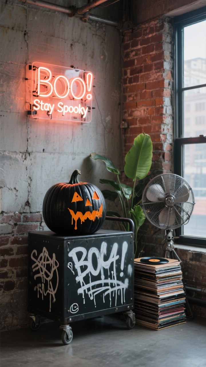 Low, three-quarter angle of an urban loft corner: raw brick and concrete backdrop, industrial cart holding matte black spray-painted pumpkins tagged with graffiti-style white paint pen lettering, bold strokes, drips, and graphic symbols. A neon sign above reading “Boo” or “Stay Spooky” casts a vivid glow; thrifted metal fan, stack of vinyl records, and a rubber plant complete the scene. Cluster near a floor-to-ceiling window for dramatic contrast of neon and city light; gritty textures, moody vibe.