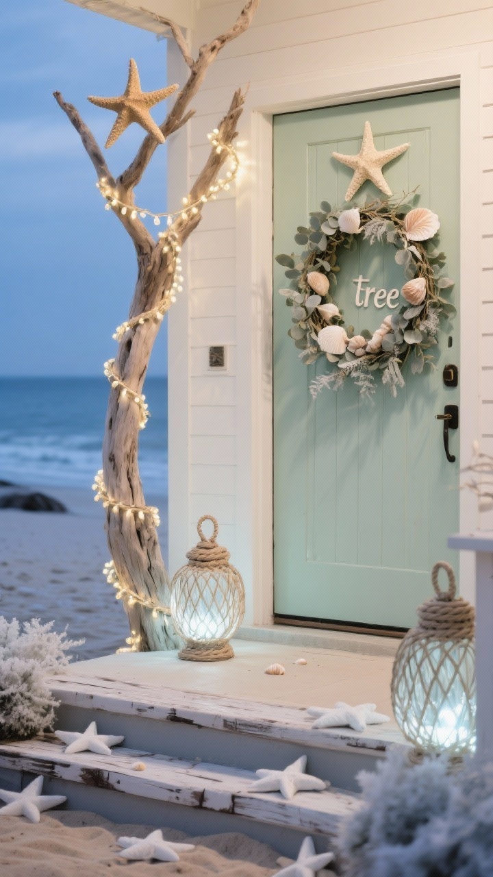 Medium angle coastal-themed entry at blue hour: soft palette of sandy beige, seafoam green, and misty white, a driftwood “tree” with spiral string lights and a starfish topper, garland around the door adorned with seashells and frosted eucalyptus, woven rope lanterns with cool-white lights, and whitewashed wooden stars scattered on the steps; breezy, beach-meets-winter ambiance.