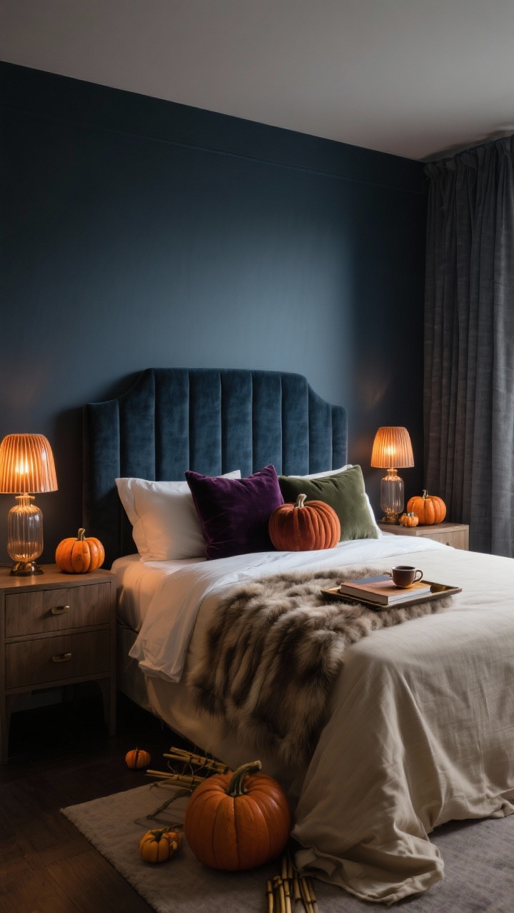 Medium bedroom view from foot of bed: A moody retreat with walls in ink blue or charcoal and a linen-upholstered headboard; velvet pumpkins in aubergine, rust, and olive scattered on nightstands and dresser; a faux-fur throw at the foot of the bed, linen-bamboo sheets in warm ivory; ribbed glass lamps with amber bulbs casting soft pools of light; heavy slate blackout curtains; a small tray with a book, tea cup, and miniature velvet pumpkin; intimate evening ambiance, photorealistic.