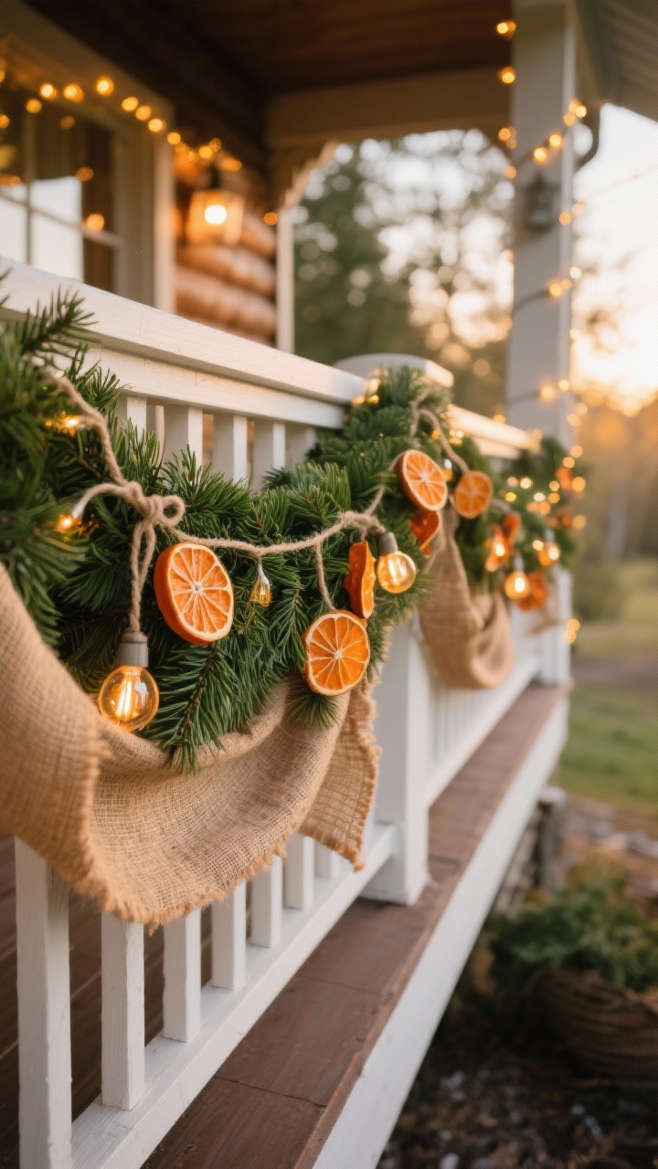 Medium close porch railing detail at golden hour: evergreen swags bundled with twine and draped asymmetrically along the rail; burlap ribbon threaded through the greens; clusters of dried orange slices adding warm citrus tones; warm Edison-style string lights woven for glow; palette forest green, burlap tan, cinnamon orange, warm white; cozy cabin-lodge mood; angled perspective along the railing.
