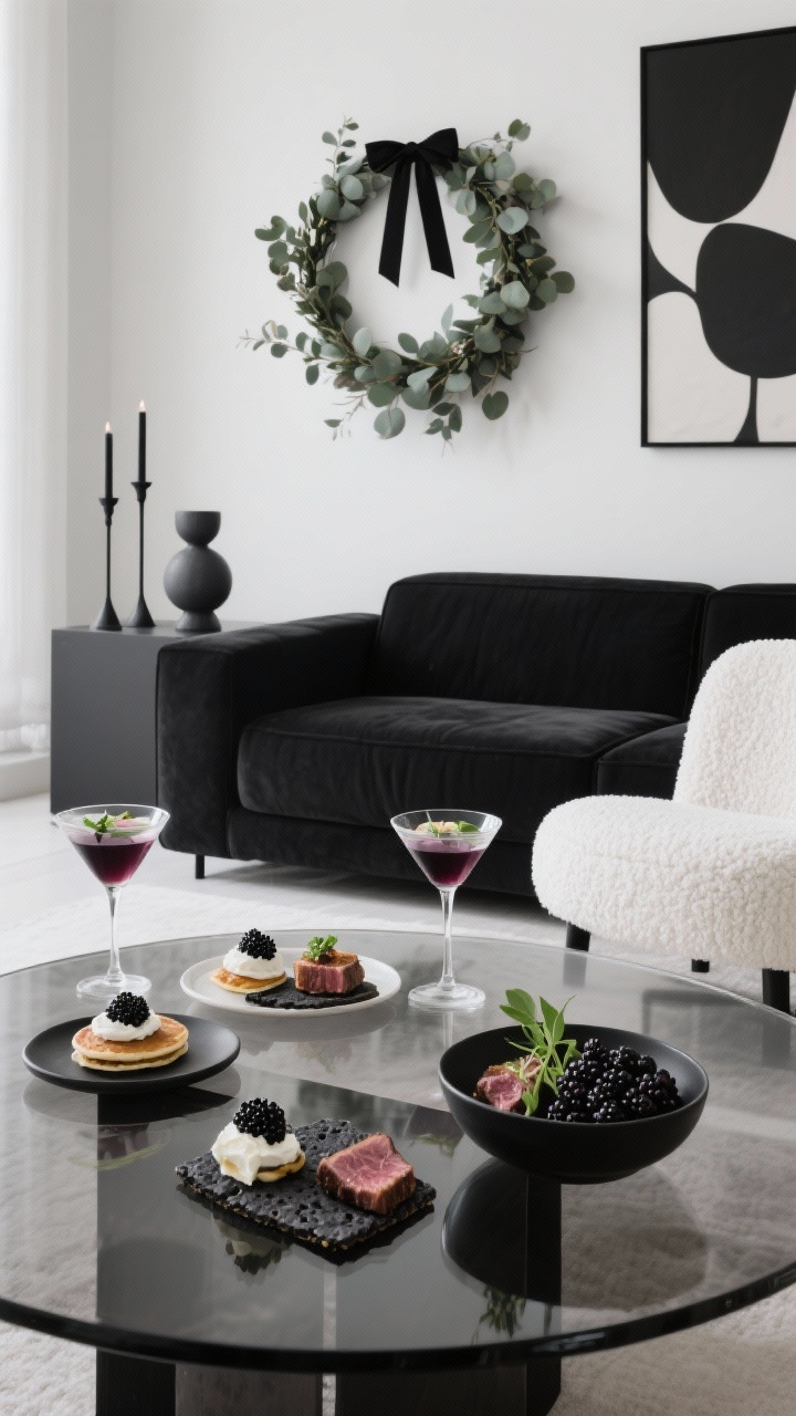 Medium closeup, minimalist composition: Modern monochrome living room scene focusing on a smoked-glass coffee table in front of a low black sectional and a white boucle accent chair. A minimalist eucalyptus wreath with black ribbon hangs on the wall. Black-tie canapés displayed with minimal plating: blinis with crème fraîche and caviar pearls, charcoal crackers with whipped goat cheese and blackberry, seared steak bites with horseradish cream, garnished with microgreens. Coupes with martinis and non-alcoholic blackcurrant spritzers. Decor details include abstract art, matte black candleholders, graphite ornaments in a bowl. Palette: black, white, soft eucalyptus green. Crisp, softly directional lighting. Photorealistic.