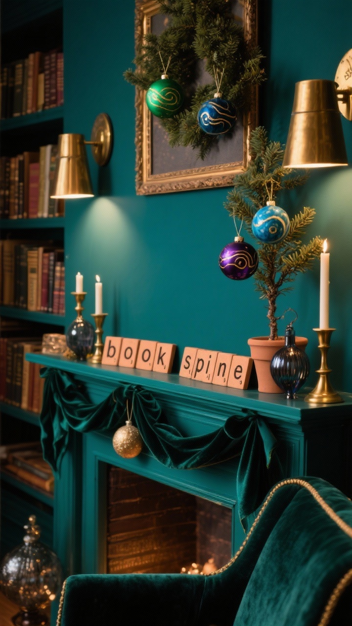 Medium closeup of a jewel-tone library mantle and nearby tree: deep teal walls, brass picture lights casting warm highlights, velvet armchair edge visible; marbled clay ornaments in emerald, sapphire, and plum with subtle gold swirls hanging on a small tree; clay “book spine” pieces with pressed titles arranged on the mantle, and clay letter tiles spelling a cozy holiday quote; velvet ribbon, brass candlesticks, smoked glass ornaments; moody, rich evening lighting.