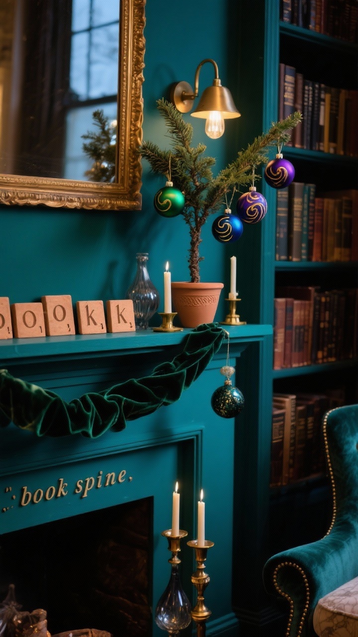 Medium closeup of a jewel-tone library mantle and nearby tree: deep teal walls, brass picture lights casting warm highlights, velvet armchair edge visible; marbled clay ornaments in emerald, sapphire, and plum with subtle gold swirls hanging on a small tree; clay “book spine” pieces with pressed titles arranged on the mantle, and clay letter tiles spelling a cozy holiday quote; velvet ribbon, brass candlesticks, smoked glass ornaments; moody, rich evening lighting.