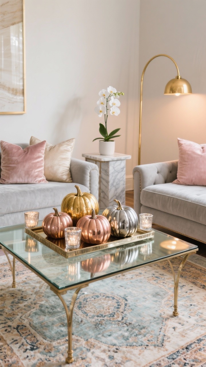 Medium coffee-table vignette: a glass coffee table over a faded Persian rug, styled with a tray of metallic pumpkins in antiqued gold, rose gold, and smoked silver mixed with mercury glass votives; surrounding elements include a light gray sofa with velvet pillows in champagne and blush, a marble side table, a tall white orchid, and a gold arc floor lamp; soft, glowing ambient light that sparkles off mirrored finishes; photorealistic, no people.