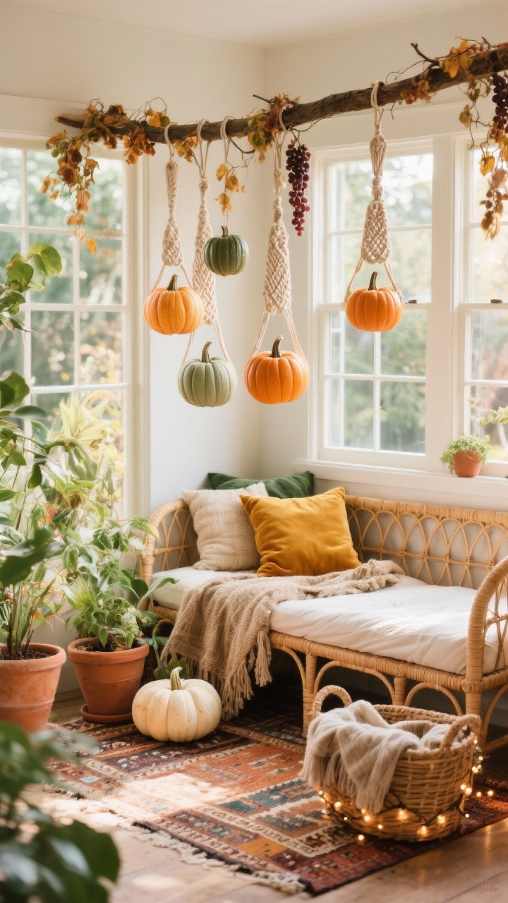 Medium corner angle: A boho sunroom with a rattan daybed, layered kilim rugs, and abundant plants, featuring mini pumpkins in macramé slings hanging from an overhead branch/rod for a floating harvest effect; include a mustard velvet pillow, terracotta pots, a woven basket filled with blankets, and fairy lights woven through a dried grapevine; pumpkins in soft orange, sage green, and creamy white; materials of rattan, jute, terracotta, and linen; warm, filtered afternoon light, photorealistic.