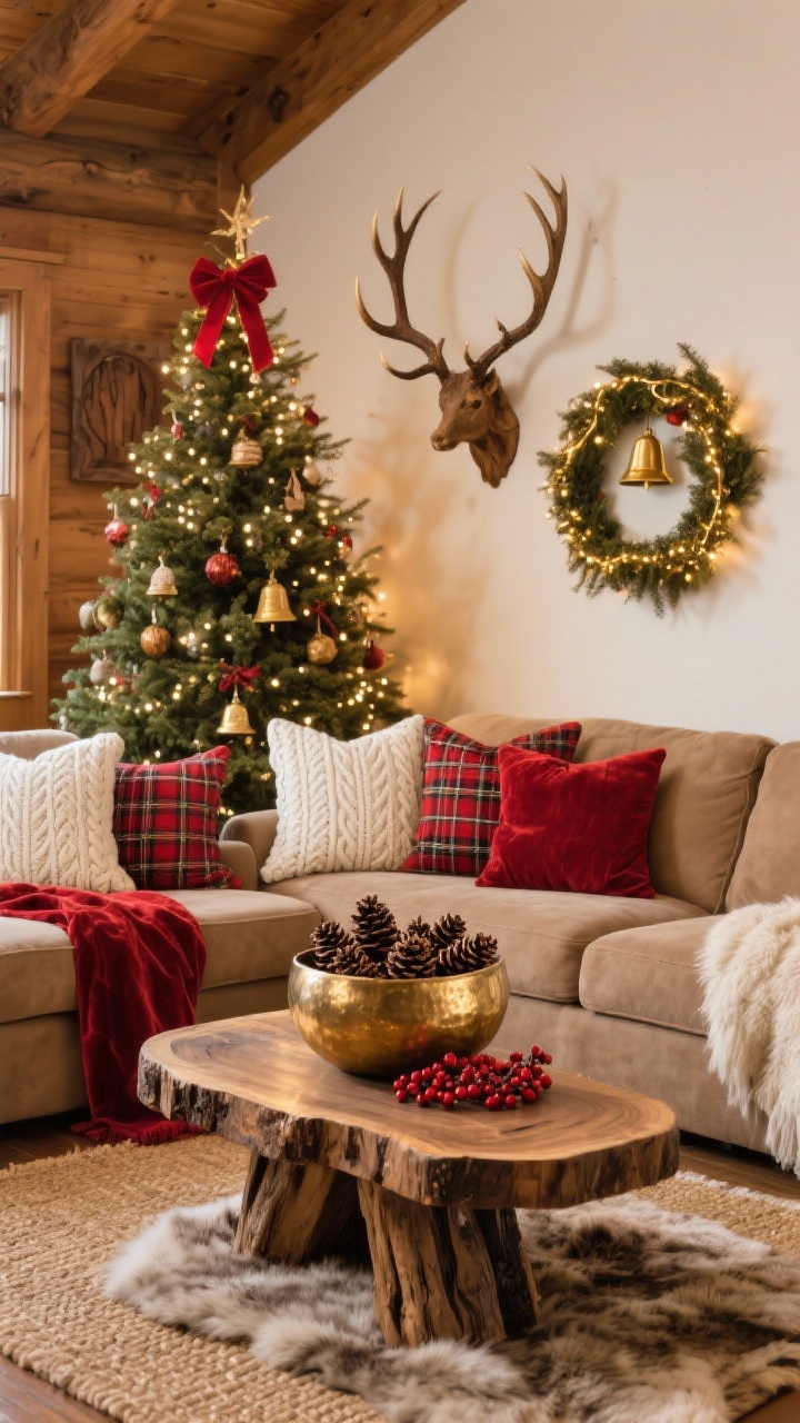 Medium corner angle, cozy lodge living room: camel/taupe sectional layered with red plaid pillows and white cable-knit cushions; a live-edge coffee table topped with a hammered gold bowl filled with pinecones and red berries; fuller realistic tree with warm white lights, wooden ornaments, red velvet ribbons, and gold bells; antler-style wall decor framed by a garland twined with gold wire lights; faux fur rug layered over a jute base; warm neutrals with red accents and satin gold; textures of wood, wool, velvet, hammered metal; soft hearth-like lighting.