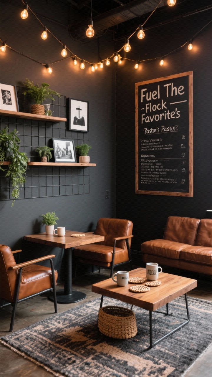 Medium corner angle of a coffeehouse lounge vignette: charcoal wall (or removable backdrop), warm wood café tables, brown leather club chairs; chalkboard menu reading “Fuel The Flock—Pastor’s Favorites”; grid shelves with framed quotes and black-and-white church moment photos; Edison bulb string lights zigzagging overhead casting cozy café glow; decor details include faux greenery, ceramic mugs, woven coasters; a vinyl rug grounding the seating zone; palette charcoal, cognac, matte black, warm wood; photorealistic, no people.