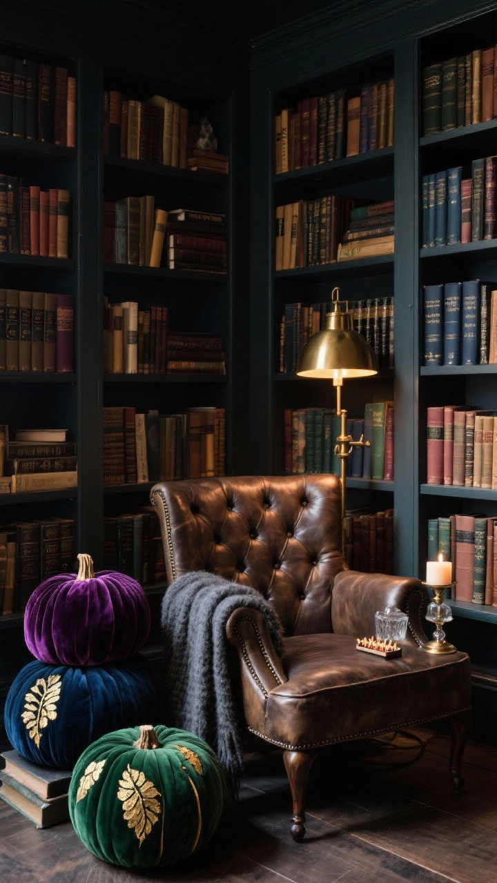 Medium corner angle of a moody library nook: floor-to-ceiling bookshelves packed with books, a tufted leather chair, and a brass pharmacy lamp casting warm light. Velvet-wrapped pumpkins in deep plum, hunter green, and midnight blue tucked between stacks like gemstones, some brushed with delicate gold leaf along the ribs or in leaf patterns. Include a wool throw over the chair arm, a vintage match striker, and a smoky glass candle; textures of velvet, leather, and brushed brass feel cozy and rich.