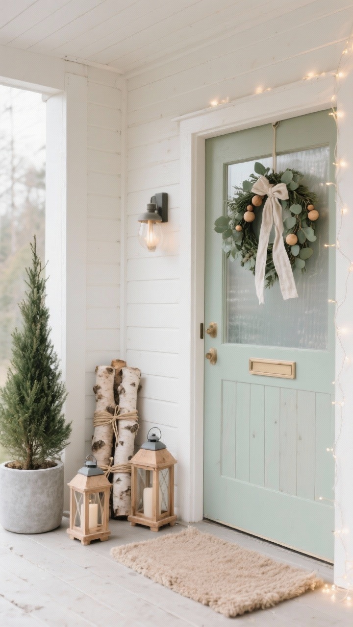 Medium, corner-angle shot of a minimalist Scandinavian porch in soft natural light: a natural wood or soft sage front door with a frosted eucalyptus garland; a simple linen-ribbon wreath with a few wooden beads; unfinished wood lanterns on the floor; birch log bundles tied with twine leaning against the wall; a slim pencil pine in a concrete planter; wooly neutral doormat; micro LED fairy lights with a gentle twinkle; palette of soft white, oat, sage, and natural wood, photorealistic.