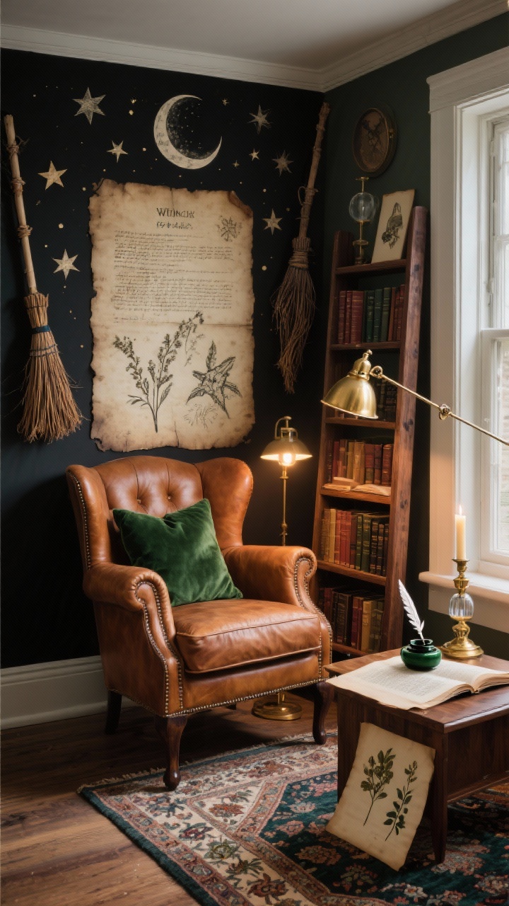 Medium corner angle, vintage witchy library nook anchored by an iPhone wallpaper of aged parchment with inked stars, brooms, and moons; caramel leather wingback chair, walnut ladder shelf stacked with classics, emerald velvet cushion; brass pharmacy lamp casting focused reading light; Turkish rug underfoot, pressed botanical prints, quill pen in an inkwell, smoky glass candles on a small side table; palette parchment, walnut, brass, emerald; photorealistic, cozy lamplight.