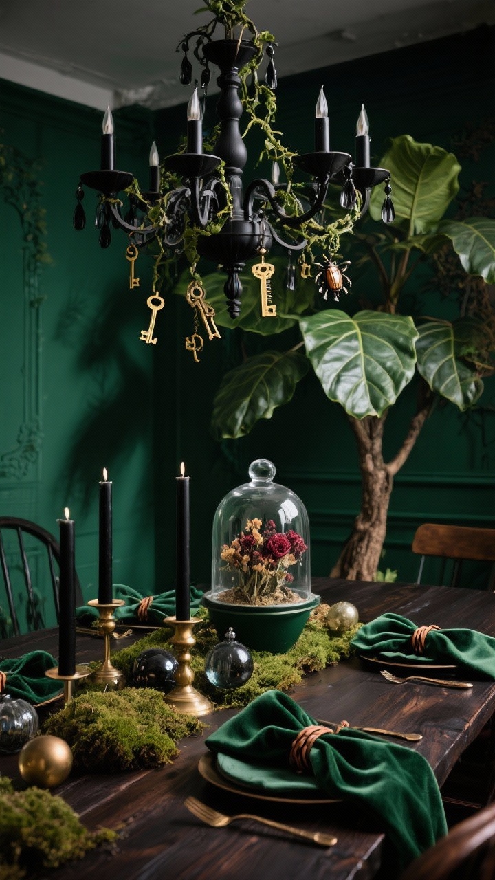 Medium-detail shot — Gothic Greenhouse dining table: Dark botanical mood with deep emerald walls and a black iron chandelier wrapped in vines above a dark-stained wood table; centerpiece of black taper candles, moss, and glass cloches filled with dried blooms; a towering potted fiddle-leaf fig used as the “tree,” decorated with antique brass keys, beetle ornaments, and smoked-glass baubles; velvet napkins in forest green tied with skinny leather cords; palette of emerald, black, brass, and oxblood; theatrical, moody lighting with rich shadows.
