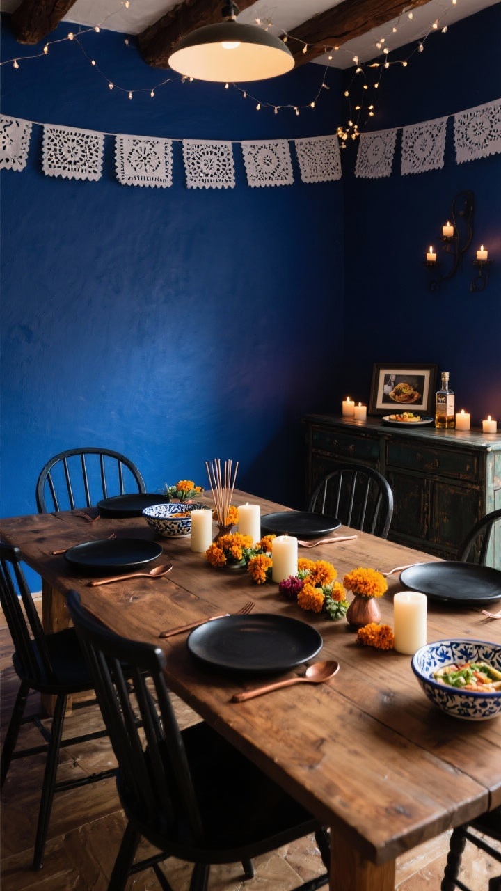 Medium dining room scene, moody corner angle: deep indigo walls under a canopy of papel picado strung across the ceiling like a lacy sky. A sturdy wood table set with matte black plates, copper flatware, and hand-painted Talavera bowls. Down the center: a low arrangement of copal incense, marigolds, and pillar candles in a linear formation. At one end, a small remembrance spot with a framed photo, a plated favorite meal, and a shot of tequila. Black spindle-back chairs and a vintage credenza in the background. Overhead light dimmed; glow from a constellation of candles. Palette: indigo, black, copper, cream.