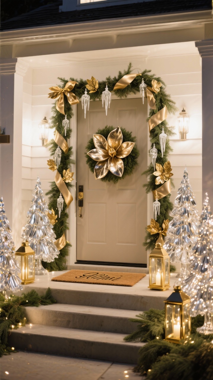 Medium, elegant entry at night emphasizing metallic sparkle: cedar garland laced with champagne ribbon, gold leaf picks, and glass icicle ornaments around the door; wreath of metallic magnolia leaves centered on a neutral door; clusters of mercury glass trees and gold lanterns on the steps; doormat with metallic script; restrained greenery so metallics and glass dominate; warm micro LEDs and subtle uplighting creating a champagne glow; palette of champagne gold, soft white, glass, and evergreen, photorealistic.