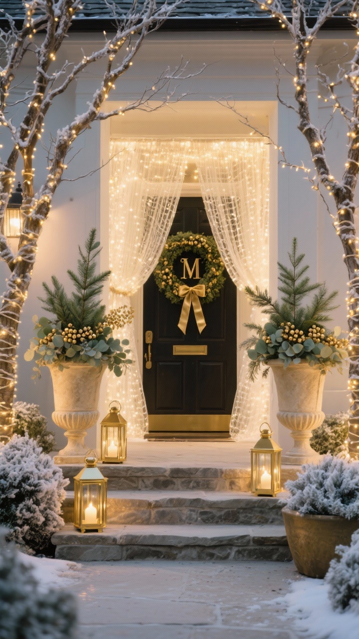 Medium entry shot, slightly off-center: Gilded Winter Garden elegance with tall urns filled with spruce branches, seeded eucalyptus, and gold berry picks. Bare trees wrapped in micro-LED fairy lights that sparkle like frost. Gold lanterns staged on each step, their warm glow reflecting on stone. A lush full wreath with velvet ribbon, brushed gold monogram door hanger centered. Net lights in warm white veil the shrubs; soft uplights illuminate planters. Palette: champagne gold, ivory, sage green, warm white. Photorealistic, refined and luxe evening scene.