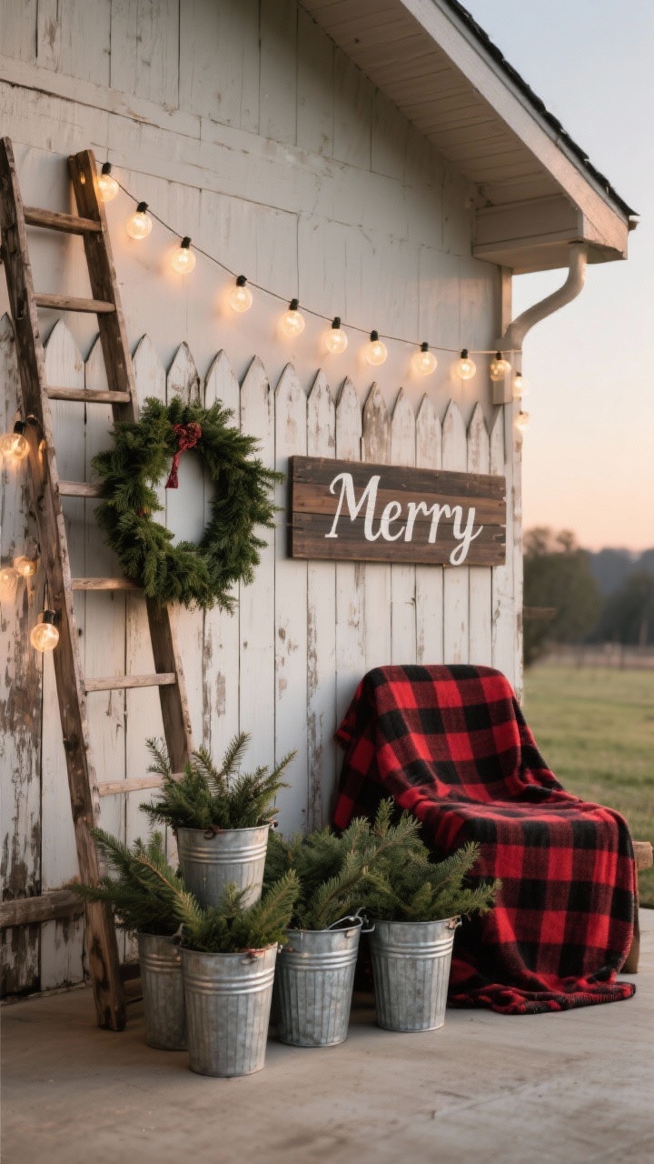 Medium farmhouse backdrop scene: a salvaged fence panel/old ladder staged against an exterior wall; a buffalo-check (black and red plaid) blanket draped over one side; a simple circle of evergreen greens hung as a wreath; clustered galvanized buckets stuffed with cedar clippings; a strand of soft globe lights draped across; a wooden “Merry” sign with neat stencil lettering; palette black-and-red plaid, galvanized silver, evergreen; warm early evening glow; slight corner angle.