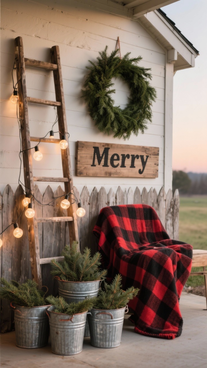 Medium farmhouse backdrop scene: a salvaged fence panel/old ladder staged against an exterior wall; a buffalo-check (black and red plaid) blanket draped over one side; a simple circle of evergreen greens hung as a wreath; clustered galvanized buckets stuffed with cedar clippings; a strand of soft globe lights draped across; a wooden “Merry” sign with neat stencil lettering; palette black-and-red plaid, galvanized silver, evergreen; warm early evening glow; slight corner angle.