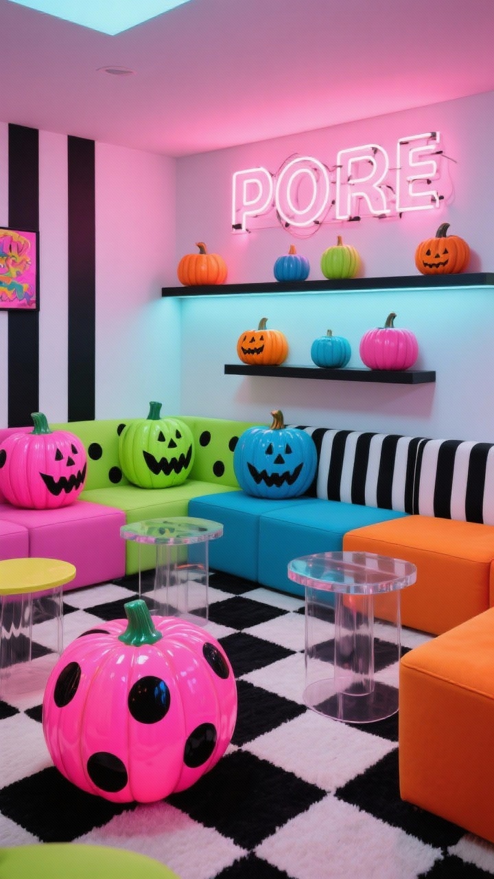 Medium game room shot, Neon Pop Art: energetic space with a checkerboard rug anchoring low modular seating; pumpkins painted neon pink, lime, cobalt, and electric orange with bold black outlines and polka dots; neon LED word art mounted on the wall; floating shelves displaying the colorful pumpkins like collectibles; accents of black-and-white stripes and dots; acrylic side tables with glossy finishes; bright, punchy lighting that makes colors pop, no people.