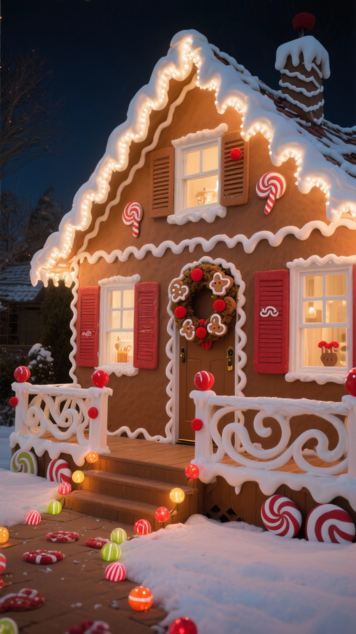 Medium gingerbread cottage facade at night: soft white rope lights outlining roof and windows like icing, gumdrop-style pathway lights leading to the door, candy swirl decals on shutters, a gingerbread-inspired wreath with felt cookies, faux icing piping, and red buttons, and curvy cut-out trim along the porch rail; caramel brown, white icing, cherry red, candy brights palette; whimsical, sugary fantasy glow, photorealistic.