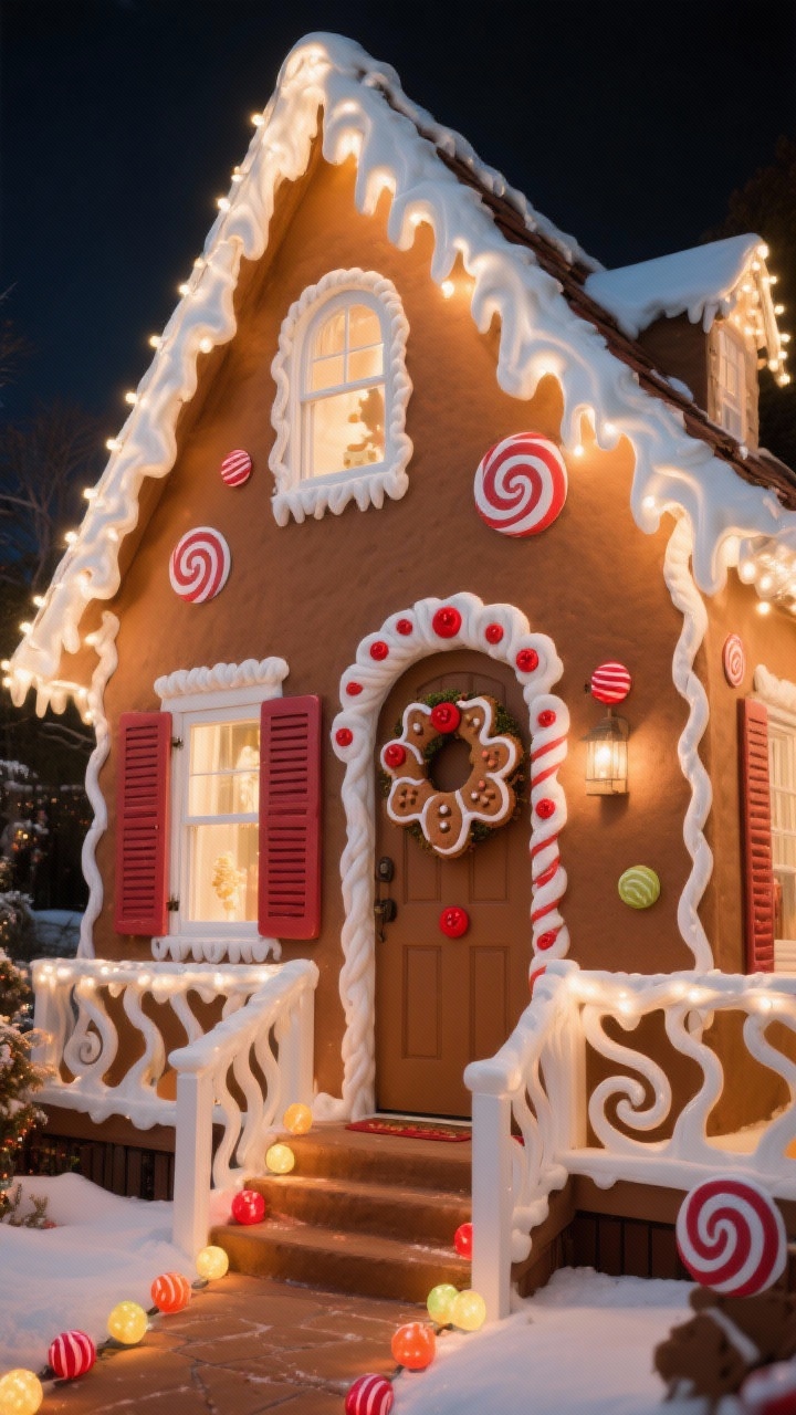 Medium gingerbread cottage facade at night: soft white rope lights outlining roof and windows like icing, gumdrop-style pathway lights leading to the door, candy swirl decals on shutters, a gingerbread-inspired wreath with felt cookies, faux icing piping, and red buttons, and curvy cut-out trim along the porch rail; caramel brown, white icing, cherry red, candy brights palette; whimsical, sugary fantasy glow, photorealistic.