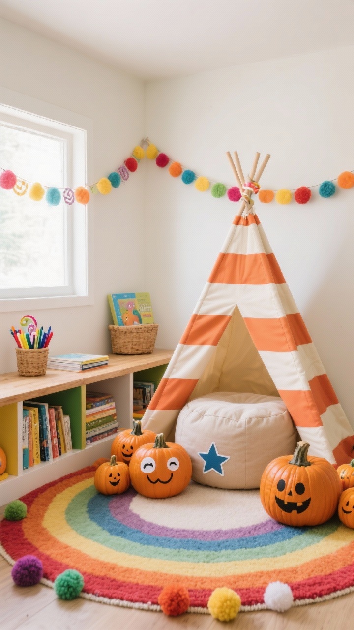 Medium kids’ reading nook: a low book ledge, a striped teepee, and a pouf arranged around a cluster of mini pumpkins decorated with peel-and-stick faces—winks, stars, goofy grins; a rainbow rug on the floor and pom-pom garlands strung along the wall; a basket of markers and washi tape nearby; playful primary color pops with creamy white and natural wood; cheerful, even lighting; photorealistic, no people.