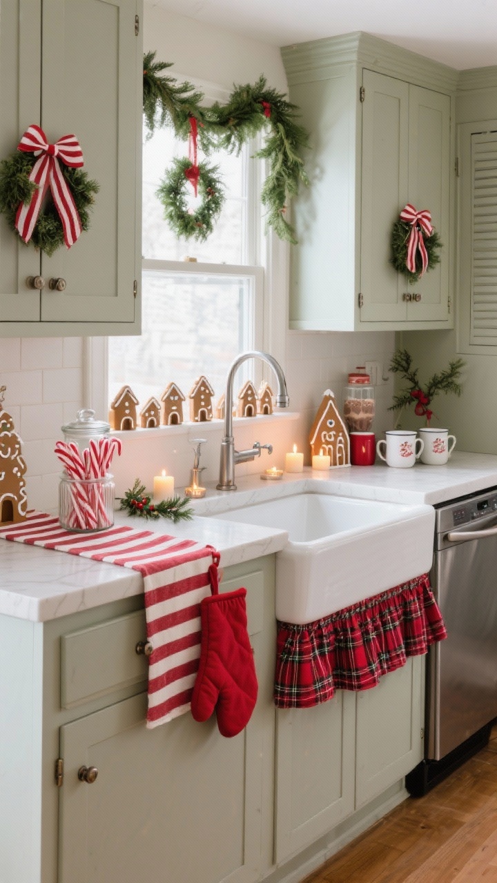 Medium kitchen scene focused on cabinetry and counters, straight-on: red‑and‑white striped ribbons tied to cabinet pulls, small wreaths on each door. A gingerbread village along the counter/windowsill with tiny battery tea lights glowing. Festive textiles: ticking stripe runner, red potholders, optional plaid sink skirt. Glass jar filled with peppermint sticks, a cocoa station with enamel mugs, sprig of mistletoe near the pantry. Window candles and a simple greenery swag over the range. Bright, cheerful, photorealistic.