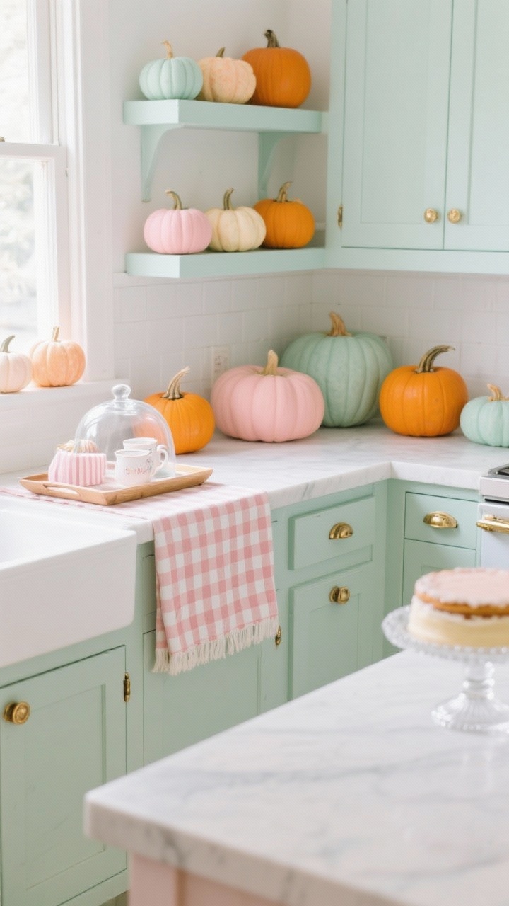 Medium kitchen scene, Pastel Pumpkin Sweet Shop: bright, airy kitchen with classic white or pale sage cabinets, mint, blush, and sherbet-orange pumpkins scattered across open shelving; mini pastel pumpkins lined along a sunlit window ledge; a tray styled with striped tea towels and a glass cloche; gingham runner on the island; subtle gold or rose-gold hardware on cabinets; milk-glass cake stand on the counter; matte chalk-painted pumpkins for a soft bakery finish; clean daylight lighting, no people.