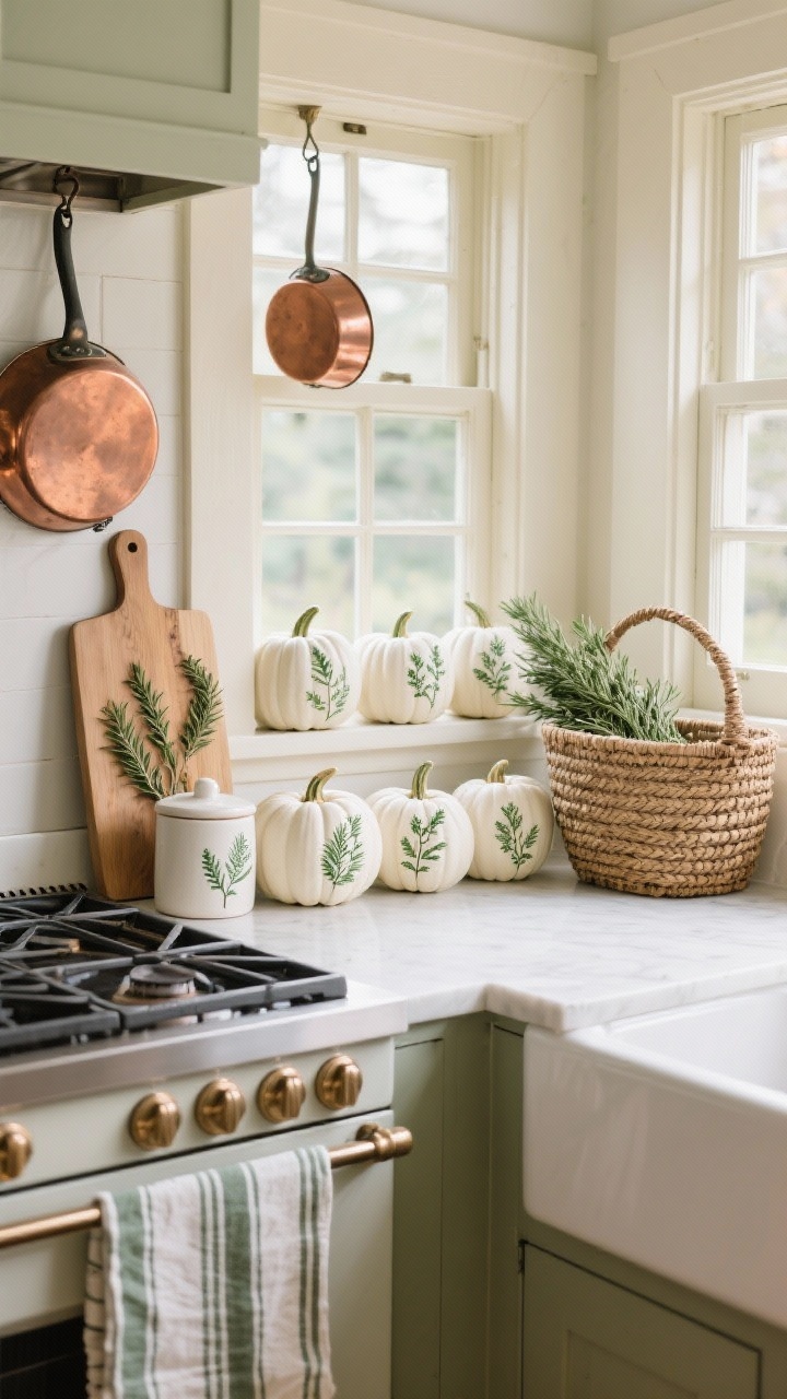 Medium kitchen windowsill vignette in a cottage kitchen: row of white mini pumpkins stamped with delicate sage-green botanical motifs (thyme, rosemary, ferns). Warm scene includes hanging copper pots over the stove, a striped linen tea towel on the oven bar, ceramic canisters, and a woven market basket. Place a wooden cutting board near the sink with a fresh rosemary bundle. Color palette of white, sage, copper, and cream; cozy harvest feel with soft daylight.