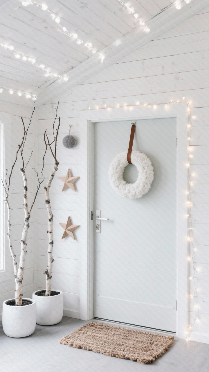 Medium, minimalist entry in Nordic white and wood: crisp white lights tracing the roofline, bare birch branches standing tall in white planters, geometric wooden stars and unadorned felt ornaments sparingly placed, a white wool wreath hung by a narrow leather strap on a pale door, a natural coir mat below, and a single strand of micro fairy lights tucked along the doorframe creating a soft halo; white, pale wood, soft gray palette; cool, clean lighting, photorealistic.