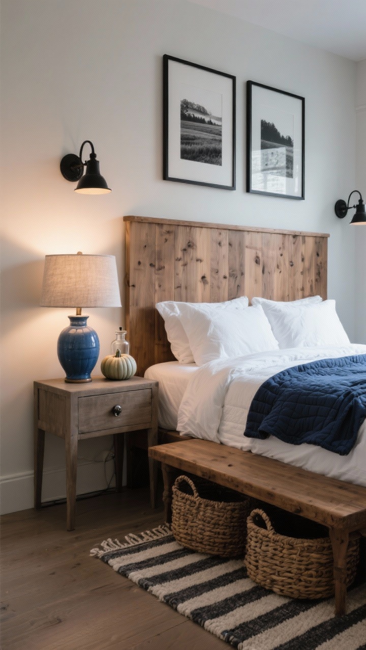 Medium, modern farmhouse bedroom nook: warm wood panel headboard, crisp white bedding with slate blue quilt folded at the foot, striped wool rug underfoot. Nightstand vignette shows a small ceramic blue pumpkin beside a linen-shaded lamp, with apothecary-style nightstand hardware. Black metal sconces on the wall, woven baskets under a bench at the bed’s end, two black-and-white landscape prints above. Textures visible: flax linen, cotton percale, raw wood, matte ceramics. Soft evening bedside glow, restful and protective mood.