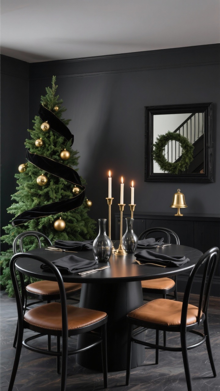 Medium, moody dining room with charcoal-painted walls: matte black oval dining table, slim black metal chairs with camel leather seats; deep green Christmas tree dressed only in brass ball ornaments (two sizes) and a thin black velvet ribbon topper; tall brass candlesticks aligned down the table center; smoked glass vases, black linen napkins; minimal evergreen wreath on a black-framed mirror; a single oversized brass bell on the staircase newel visible in background; palette charcoal, black, evergreen, brass; low warm candlelight creating sleek glam, photorealistic.