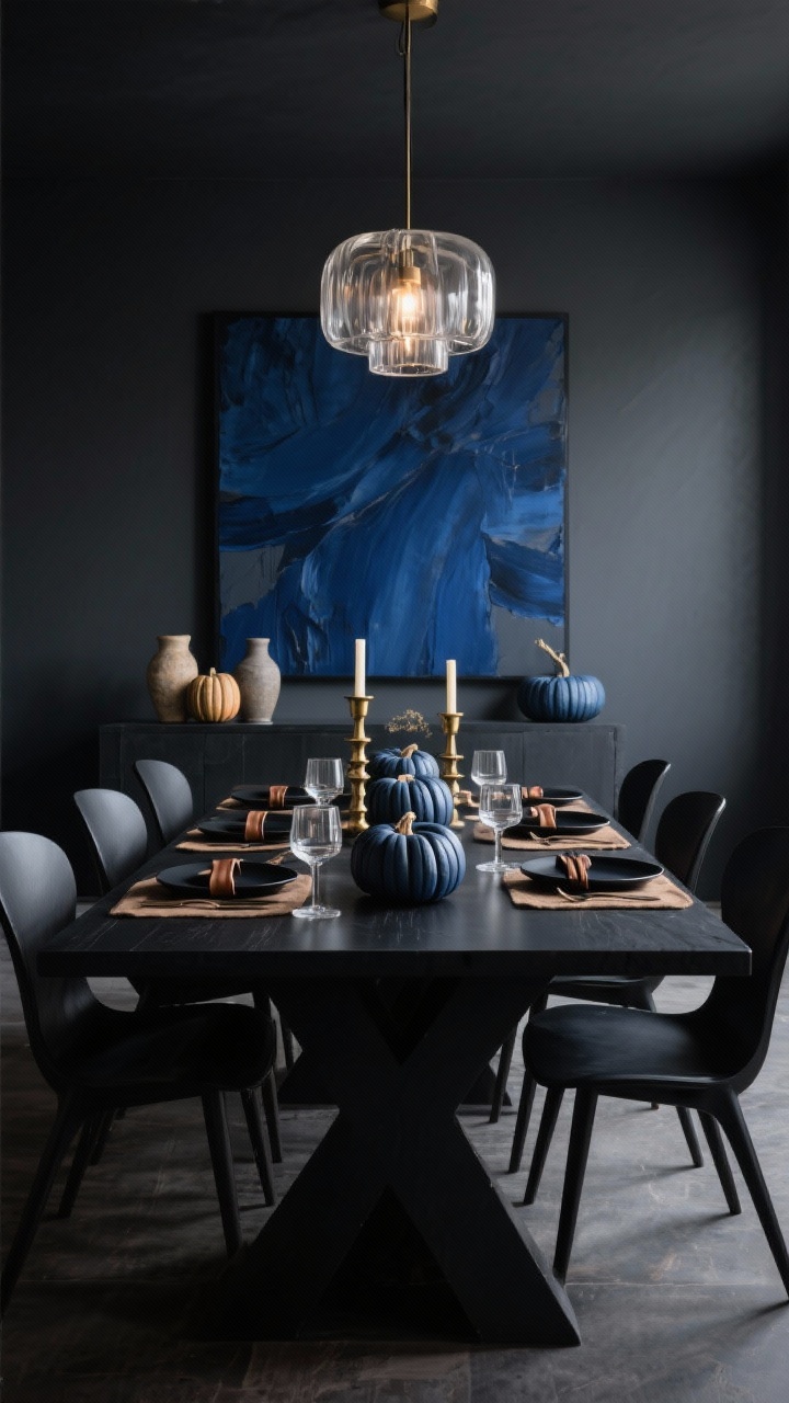 Medium, moody modern dining room with dramatic contrast: charcoal wall backdrop, sleek black slab dining table with black wishbone chairs, a runway of matte navy pumpkins down the center mixed with brass candlesticks, smoked-glass chandelier glowing above. Minimal table settings—black plates, linen napkins tied with thin leather, clear stemware. Large indigo abstract art anchors the blues. Textures visible: suede placemats, stoneware vases, ceramic pumpkins. Low, atmospheric evening lighting emphasizing intentional, sophisticated mood.