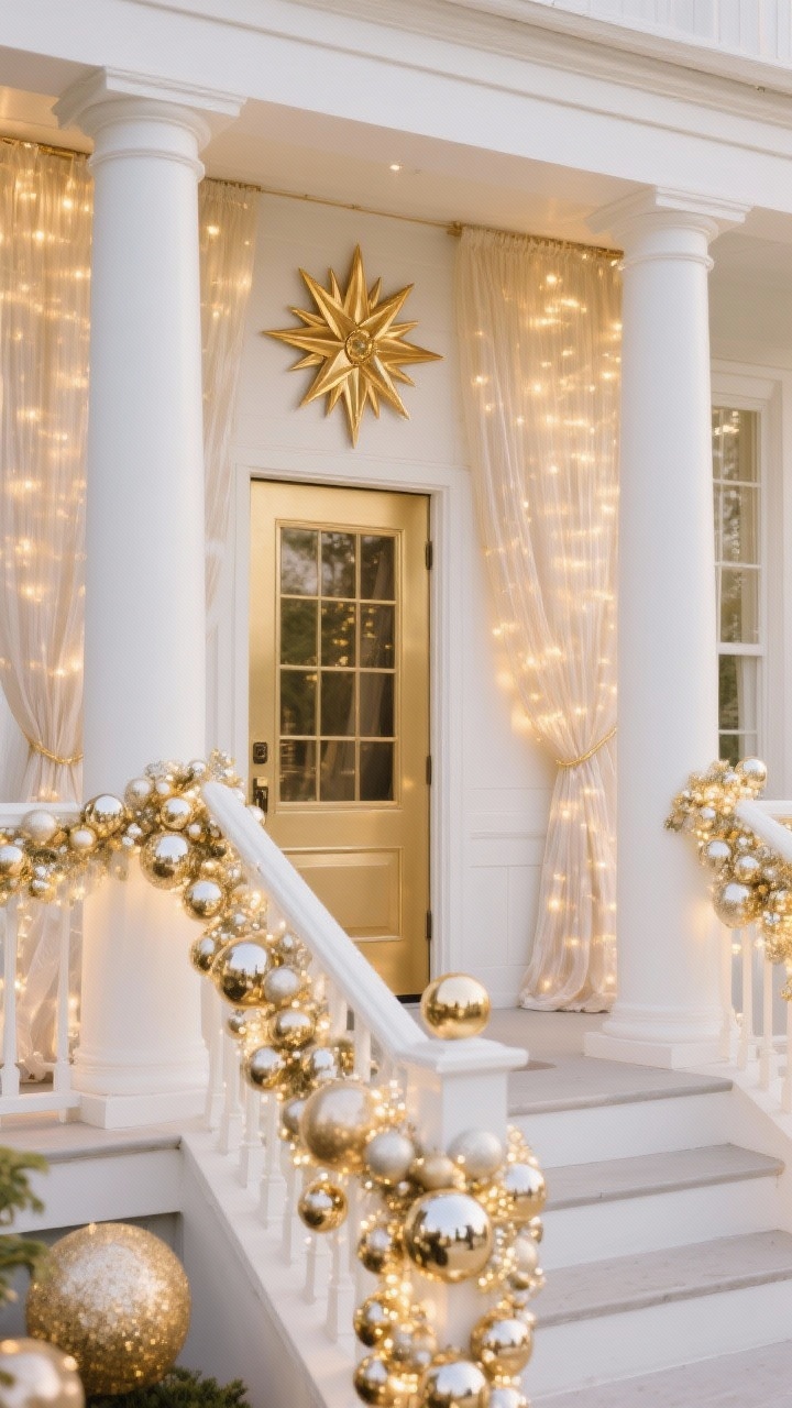 Medium porch composition in frosted gold glamour: crisp white and champagne gold scheme, columns and railings wrapped in frosted garland accented with metallic baubles in matte and mirrored finishes, cascading curtain lights glowing softly behind sheer outdoor-safe drapes, and a gold metal starburst centered above the door like jewelry for the facade; luminous, luxurious look.