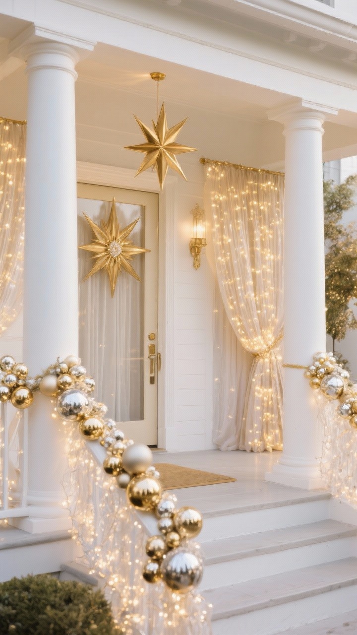 Medium porch composition in frosted gold glamour: crisp white and champagne gold scheme, columns and railings wrapped in frosted garland accented with metallic baubles in matte and mirrored finishes, cascading curtain lights glowing softly behind sheer outdoor-safe drapes, and a gold metal starburst centered above the door like jewelry for the facade; luminous, luxurious look.