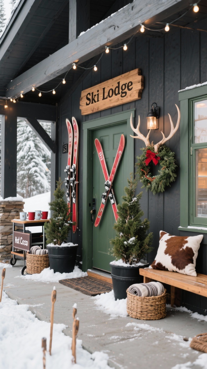 Medium porch shot, angled from the right: Alpine Ski Lodge Entry with pre-lit alpine trees in matte black planters flanking the door. Vintage skis mounted crossed above a wooden “Ski Lodge” plaque; faux snow drifted around planter bases. Woven baskets with rolled blankets, an antler-style wreath on the door, and a cowhide-look outdoor pillow on a bench. Warm white string lights along the trim; subtle pathway markers made from ski pole stakes. A small bar cart with enamel mugs and a “Hot Cocoa” sign sits by the entry. Palette: charcoal, pine green, cranberry, natural wood. Photorealistic, sporty rustic vibe.