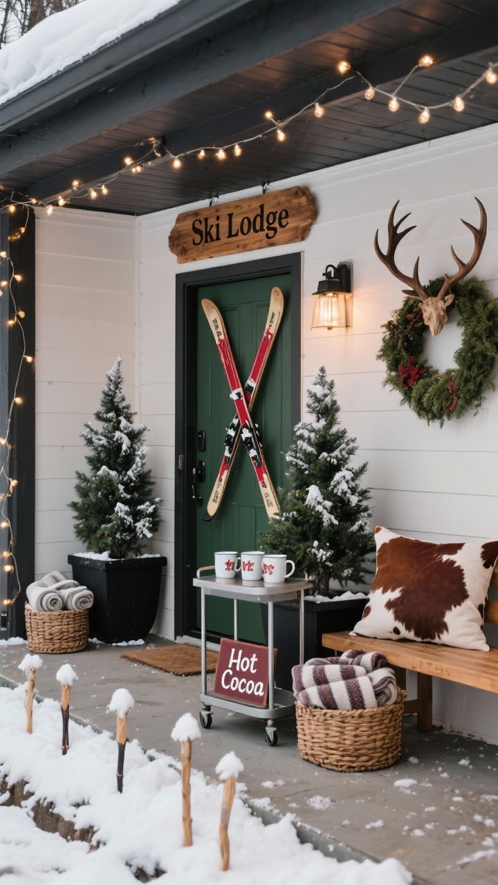 Medium porch shot, angled from the right: Alpine Ski Lodge Entry with pre-lit alpine trees in matte black planters flanking the door. Vintage skis mounted crossed above a wooden “Ski Lodge” plaque; faux snow drifted around planter bases. Woven baskets with rolled blankets, an antler-style wreath on the door, and a cowhide-look outdoor pillow on a bench. Warm white string lights along the trim; subtle pathway markers made from ski pole stakes. A small bar cart with enamel mugs and a “Hot Cocoa” sign sits by the entry. Palette: charcoal, pine green, cranberry, natural wood. Photorealistic, sporty rustic vibe.